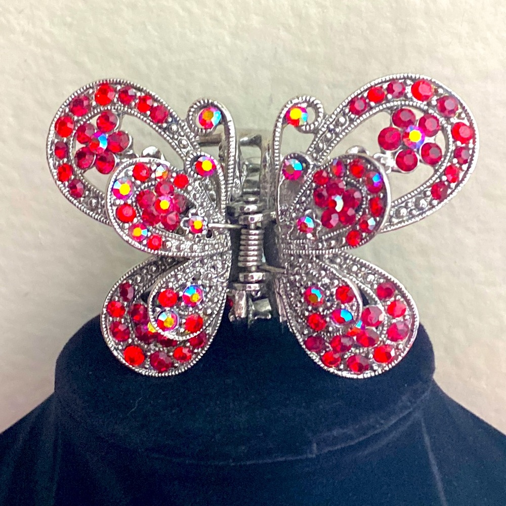 BOGO 2 x $10 NWOT “Red Crystals Silvertone Butterfly Hair Clip”